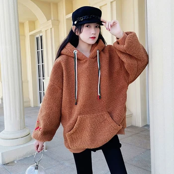 

Faux Lambs Wool Hoodies Sweatshirts Women Hooded Long Sleeve Pocket Letter Autumn Winter Pullovers Warm Oversized Outwear W245