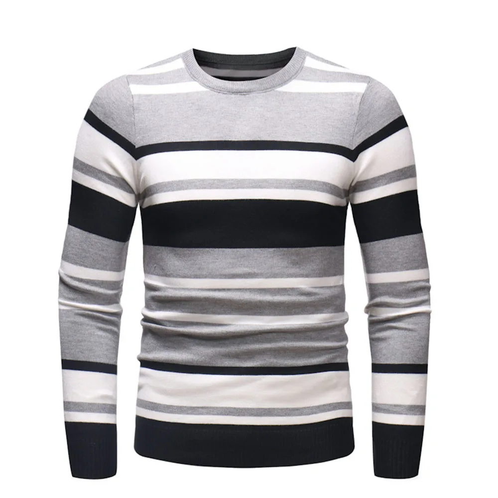 Модный полосатый вязаный свитер, Мужской пуловер,, Осень-зима, джемпер размера плюс, свитера, мужские, базовые, вязанные, топы, повседневные, 3XL - Цвет: Серый