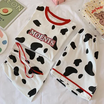 

Sleepwear Set Cow Print Pajamas for Women Cotton Home Suit 2020 Summer Pijama Women Pigiama Donna Sleepwear Set Pyjamas Women