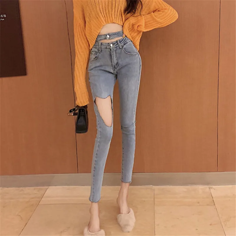 

Real shot 2020 new fashion temperament all-match ripped high waist hollow jeans slim stretch pencil pants
