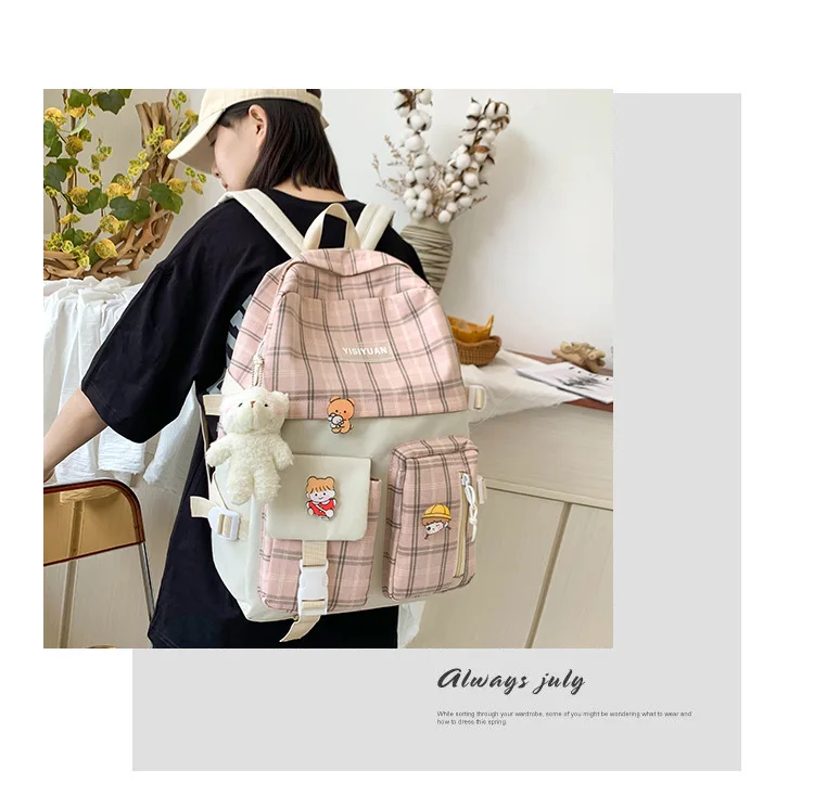 Stylish Backpacks for man 5Pcs Fashion Lattice Canvas Backpacks for Women Anti-theft Handbag Shoulder School Bags for Teen Girls Backapck Bolsa Feminina Stylish Backpacks