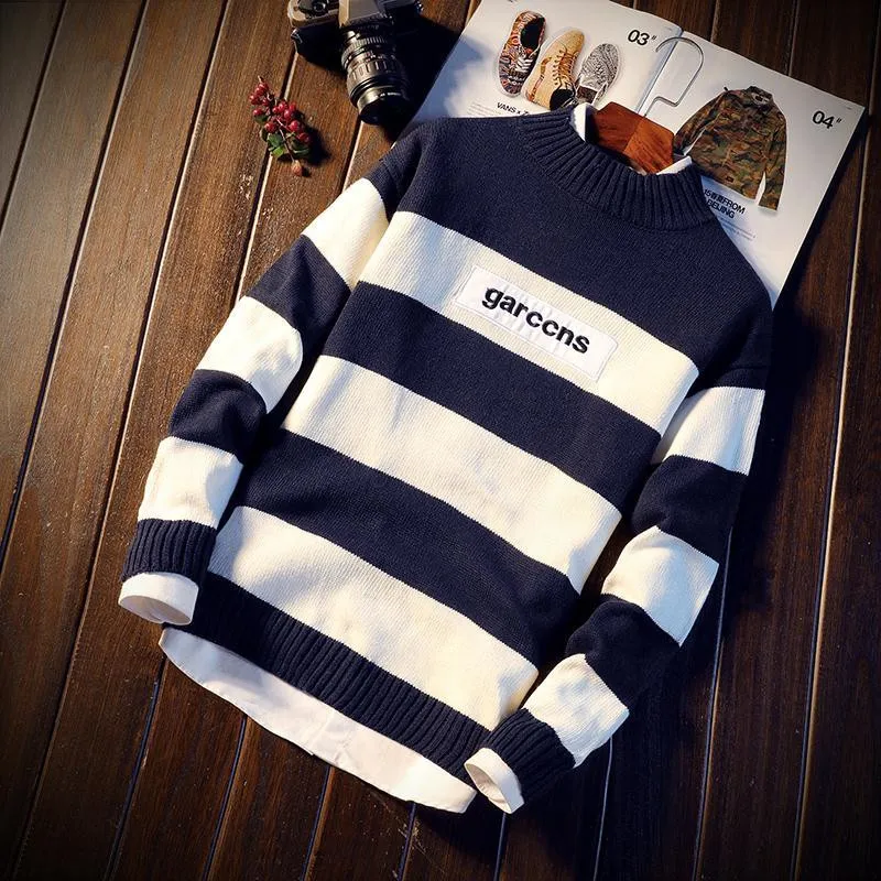 Новинка, модный брендовый мужской свитер, пуловер в полоску, свободные Джемперы, Вязаная Шерстяная Осенняя повседневная мужская одежда в Корейском стиле