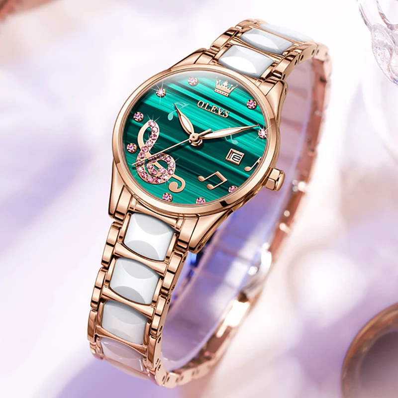 OLEVS Fashion Ceramic Women's Watches Top Brand Luxury Waterproof Calendar Musical Note Ladies Bracelet Watch Quartz Jewel | Наручные