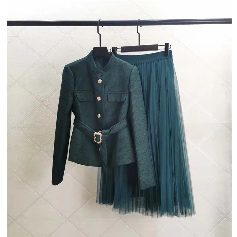 Da Ni Lake 2021 New Fashion 2 Piece Set Women O-neck Blazer Long Sleeve Tops Pleated Skirt Suit Casual Outfit Wth Belt Elegant |
