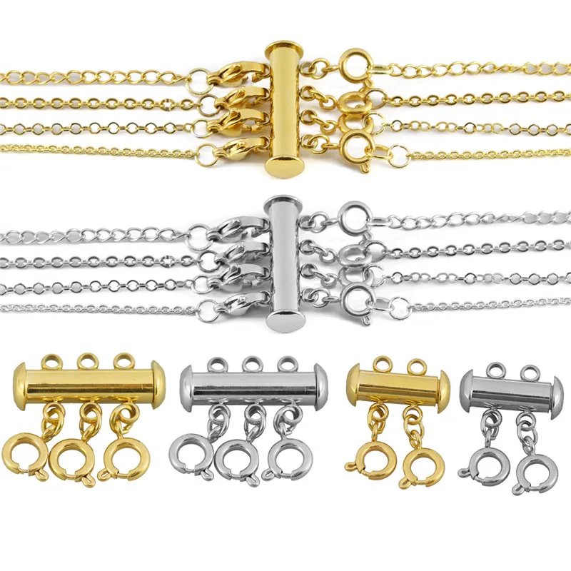 Layered Necklace Spacer Clasp Jewelry Crafts Jewelry Clasps Connectors for Layered 2 Pack Gold and Sliver Bracelet 2 Strands Necklaces Slide Magnetic Tube Lock with Lobster Clasps Necklace