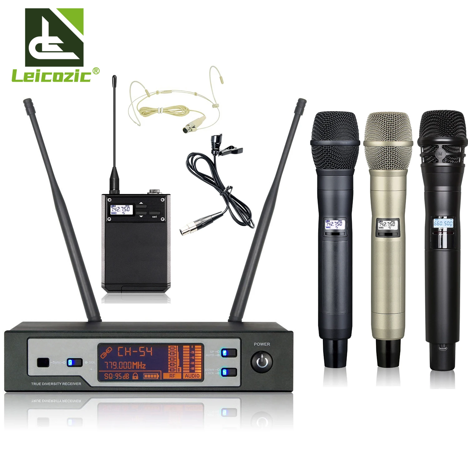 Microfono Wireless Professionale Leozic Skm9100D Mikrofon 600 / 800Mhz Microfono Cordless Mike Diversity Microfono Lavalier