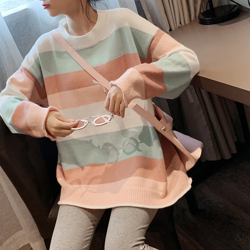 

Striped knit top 2019 autumn new round neck Korean version loose lazy wind wild student pullover sweater female