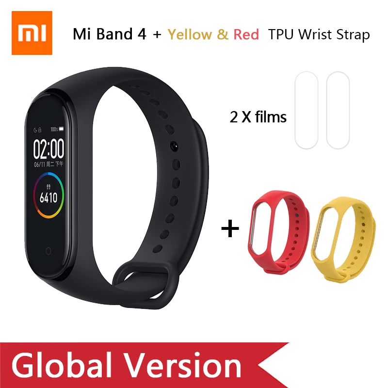 Глобальная версия, Xiaomi mi-браслет 4 mi Band 4, музыкальный цветной экран, фитнес-частота сердечных сокращений, Bluetooth 5,0, умные часы, Russina - Цвет: Add Yellow Red strap