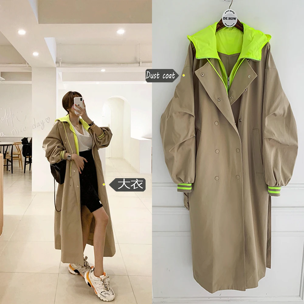 Корейский стиль, Женский Длинный плащ большого размера, Ретро стиль, ветровка, женское Свободное пальто с длинным рукавом, женское длинное пальто с капюшоном