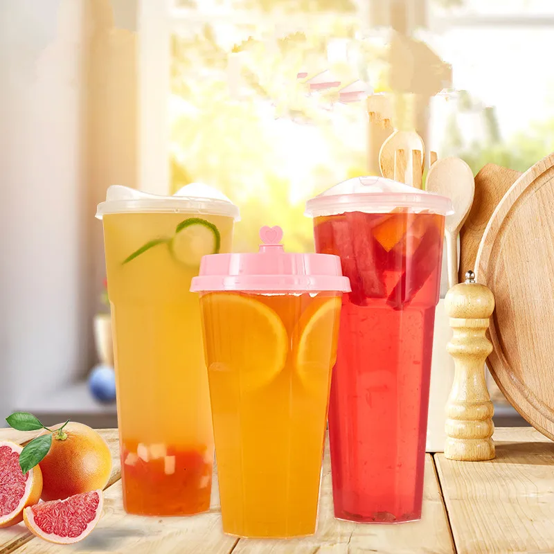 50pcs Disposable transparent pp octagonal injection molding cup thick milk tea juice drink cup takeaway packaging cup with lid