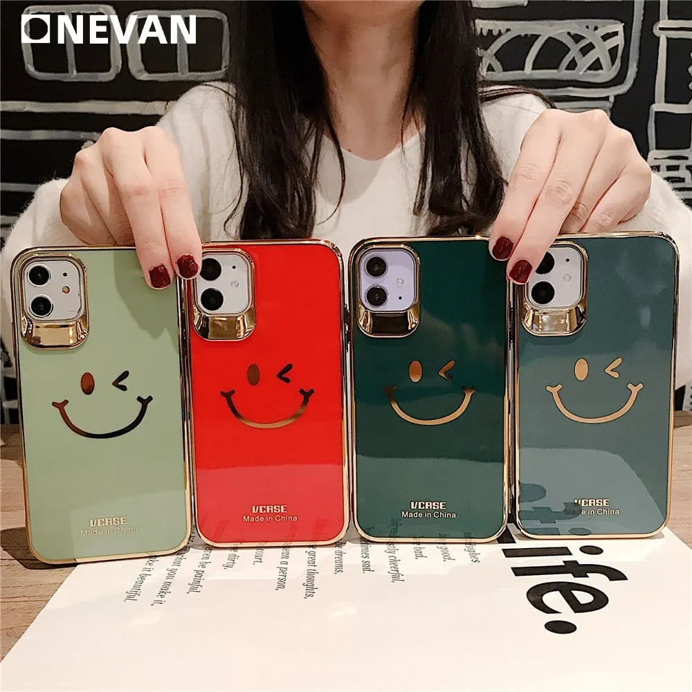 

Luxury Smile Face Plating Case For iPhone 11 Pro Max X Xr Xs 8 7 Plus Green Red Soft Camera Protection Slim Full Back Cover Girl