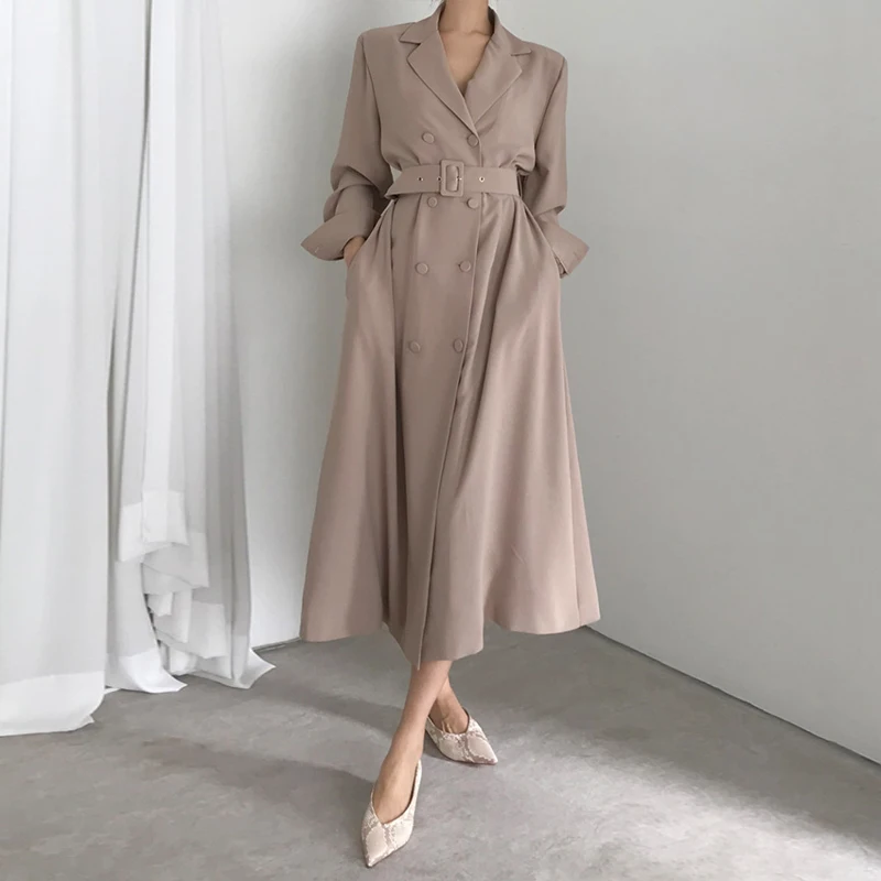 New elegant V-neck Trench Woman Jacket Long-sleeve Sashes khaki solid Autumn notched collar long coat female winter 2020