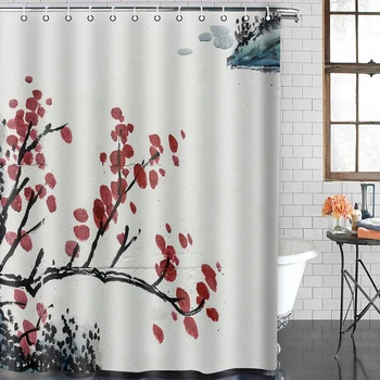 

Chinese style Landscape Flower Bird Shower Curtain Bathroom Waterproof Polyester Fabric Bathroom Curtain Printed Curtain Bath