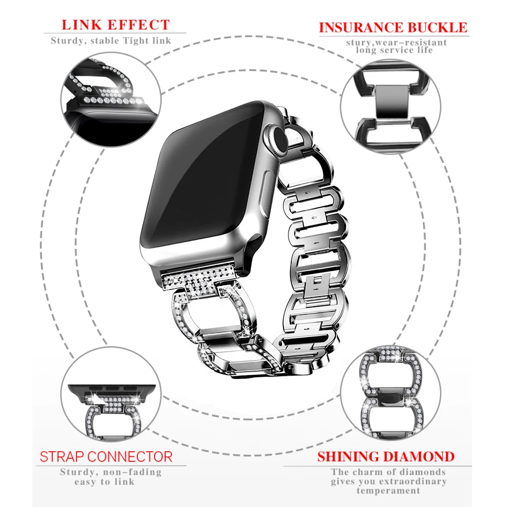 Diamond band for apple watch series 5 4 3 2 1 bracelet women stainless steel iwatch 3