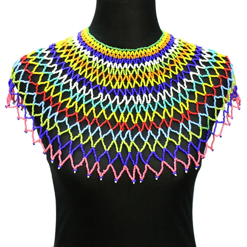 Handwoven African Resin Beaded Chunky Bib Choker Collar Costume Necklace Statement Boho Large Big Shawl Cape Jewelry | Украшения и