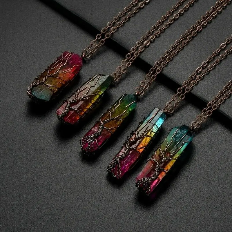 7 Chakra Crystal Natural Rainbow Stone Quartz Tree of Life Pendant Necklace for Women Men Pendulum Reiki Healing Jewelry | Украшения и
