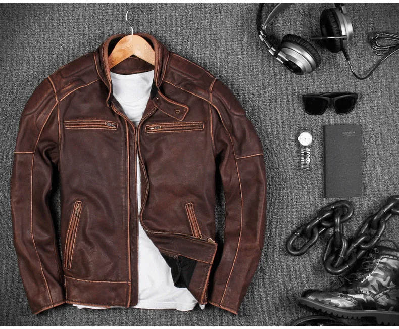 Мужская куртка из натуральной кожи, ретро мотоциклетная кожаная куртка, коричневые куртки из воловьей кожи, пальто для мужчин