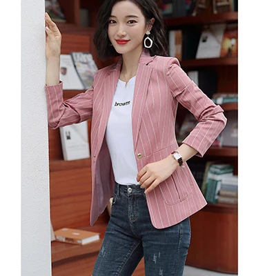 Pink Blazer Зеленый розовый полосатый Женский блейзер с зубчатым воротником и карманами, новое осенне-зимнее пальто на одной пуговице, куртки, женское тонкое пальто 5XL - Цвет: Pink Blazer