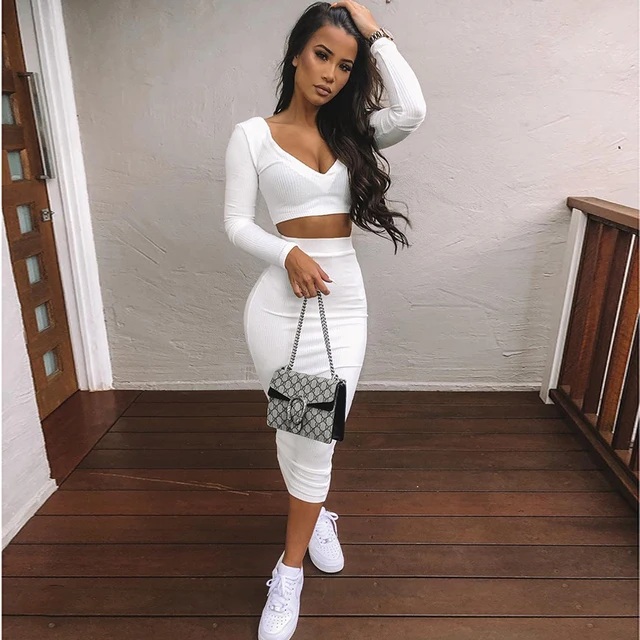 Sexy Two Piece Set V-neck Long Sleeve Crop Top Long Skirt Set Party  Clothing Sets Outfit Women Two Piece Outfits - AliExpress Women's Clothing