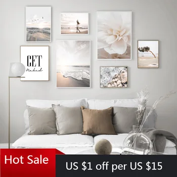 

Sea Beach Flower Tree Stone Girl Seascape Wall Art Canvas Painting Nordic Prints Wall Decor Picture Posters Aesthetic Room Decor