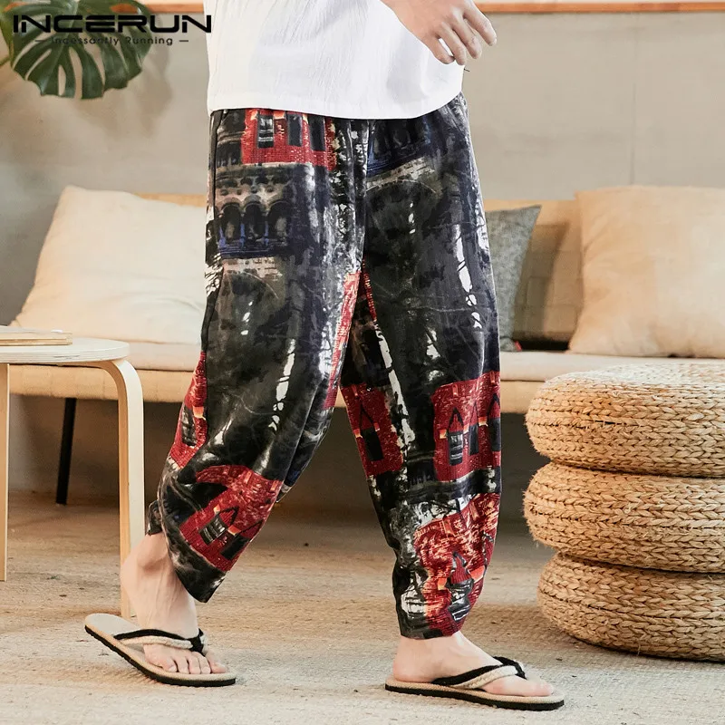 INCERUN Men Vintage Printed Pants Casual Loose Joggers Man Ethnic Elastic Waist Harem Pants Fashion Cotton Floral Trousers S-5XL INCERUN Men Vintage Printed Pants Casual Loose Joggers Man Ethnic Elastic Waist Harem Pants Fashion Cotton Floral Trousers S-5XL