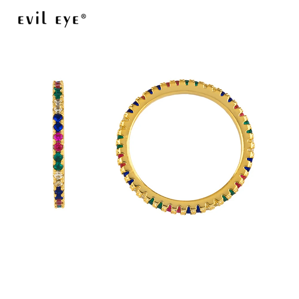 

EVIL EYE Rainbow Zircon Ring Gold Color Circle Micro Pave Colorful CZ Wedding Band Ring Fashion Jewelry for Women Ladies LE181