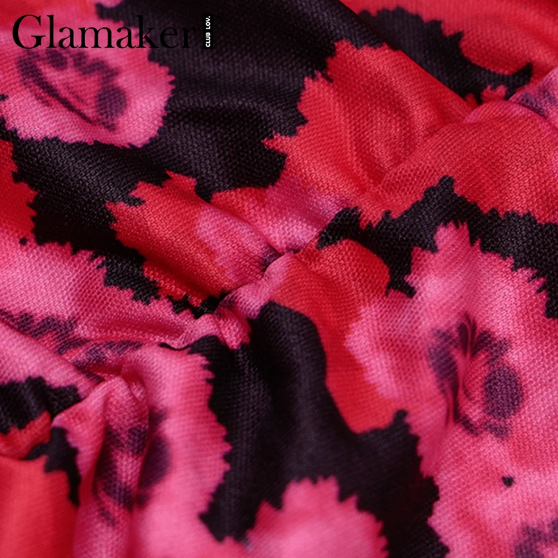 Glamaker элегантное мини-платье с цветочным принтом и длинными пышными рукавами, облегающее весенне-летние вечерние клубные платья, приталенное платье с высокой талией и v-образным вырезом, vestidos