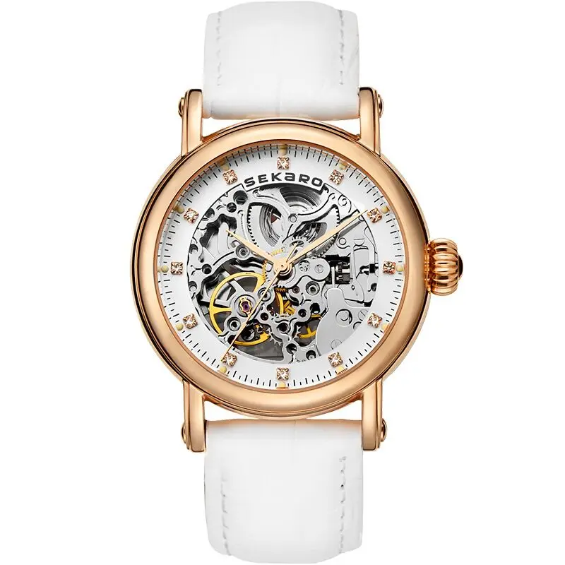 

2019 Luxury Gold Automatic Watch Women Skeleton Leather Diamond Crystal Women mechanical Watch vintage female clock montre femme
