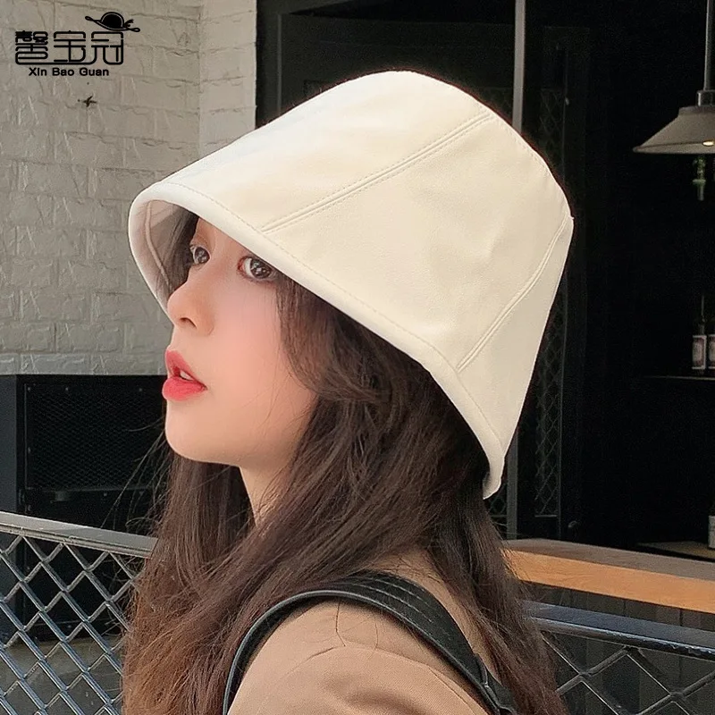 

Autumn and Winter Woman Japanese Bucket Hat PU Leather Bucket Hat Hipster Harajuku Style Personality Male Fisherman Hat
