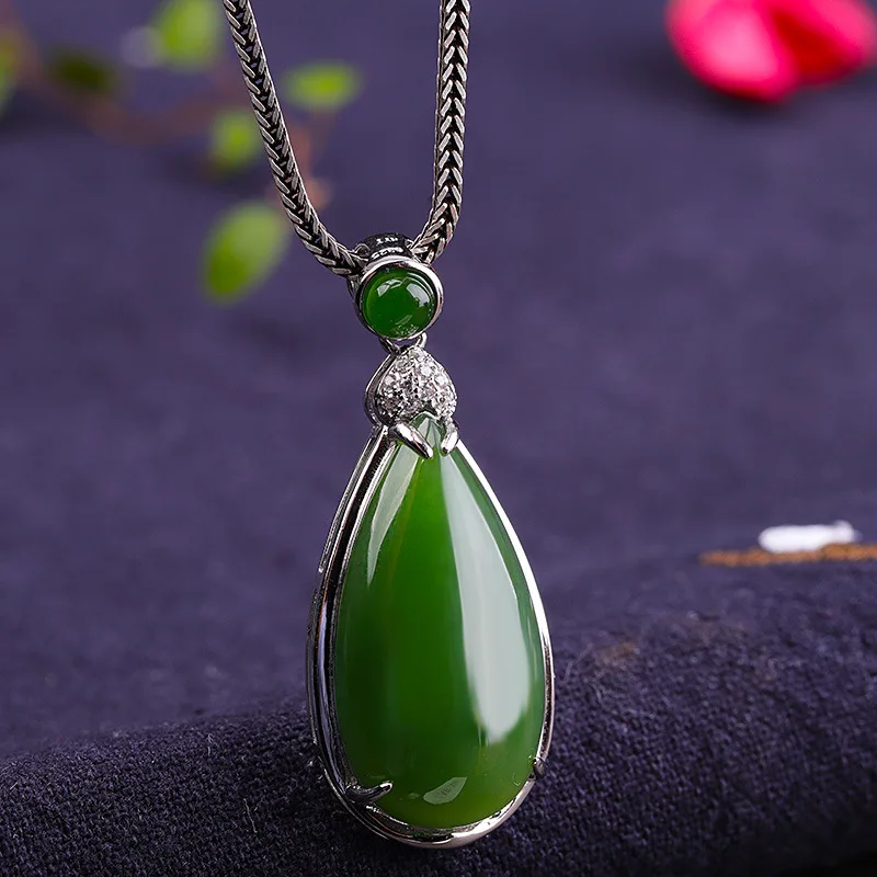 Простые Модные кулоны jade Jasper из драгоценных камней зеленого цвета для женщин, ожерелья для вечернего платья без цепочек, серебряные ювелирные изделия 925 пробы P1142