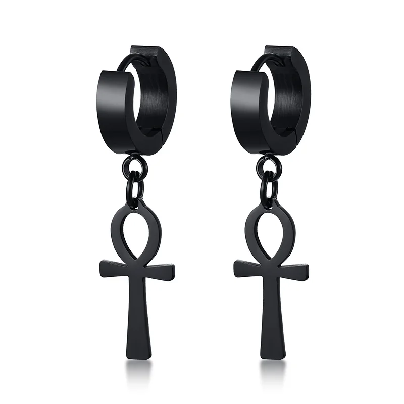 Drop Cross Earring Mens Egyptian Ankh Michael Hang Dangle Earrings Black Stainless Steel Male Punk Jewelry