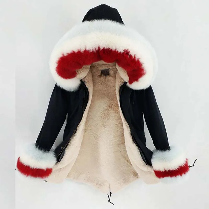 Long Parka Winter Jacket Women Natural Real Fox Fur Collar Hood Coat Thick Warm Outerwear Detachable Streetwear New
