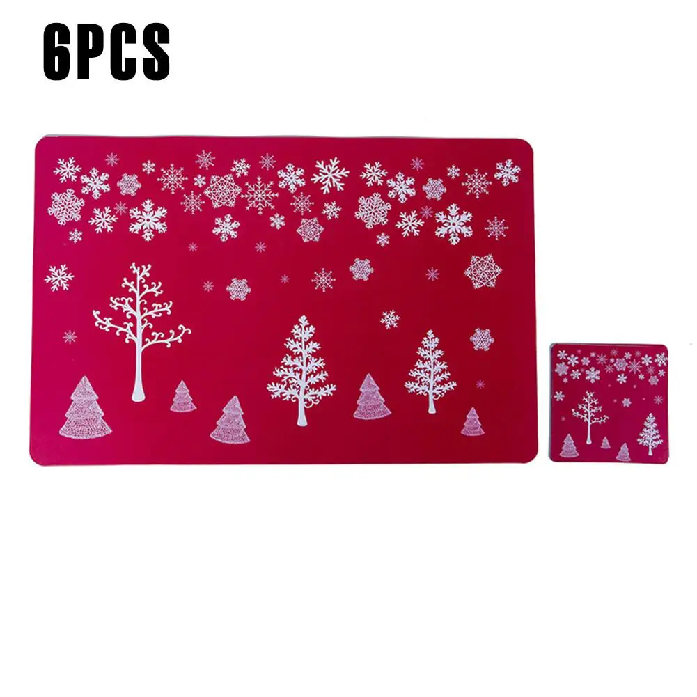 

Christmas Placemat Washable Table Place Mat Sets of 6 plus 6 Cup Mats for Christmas Arrangement Christmas Tree, Snowflake Printe