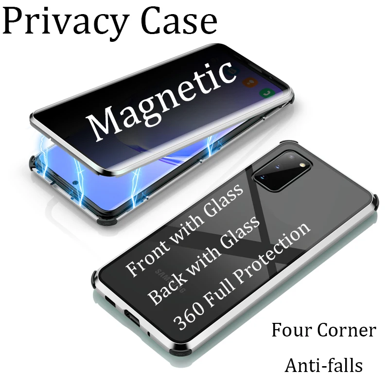 

New Metal Magnetic Tempered Glass Privacy Phone Case for Samsung Galaxy S20 Plus Magnet Anti-fall Cover For Samsung S20 Ultra