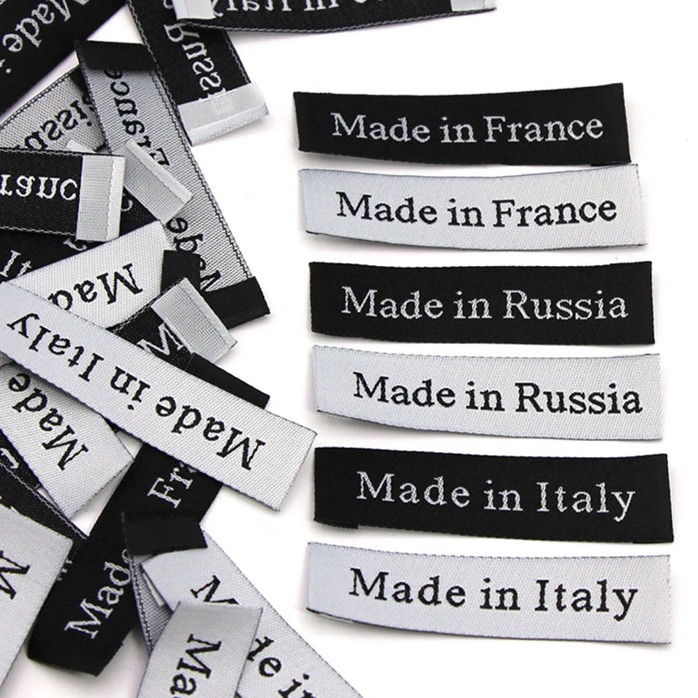 Etiquetas hechas a mano de 50 piezas, color blanco y negro, hechas en Francia y Rusia, etiquetas de ropa de algodón tejidas para camisetas, sombreros, accesorios para coser|Etiquetas de ropa| -