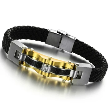 

Fashion Men multilayer Link Gold Stainless Steel Byzantine Weave Chain Black Leather Bracelets Pulseras Jewelry
