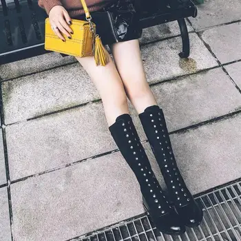 

ZETMTC Winter ladies boots artificial short plush PU horseshoe heel artificial short plush black side zipper rivet women's boots