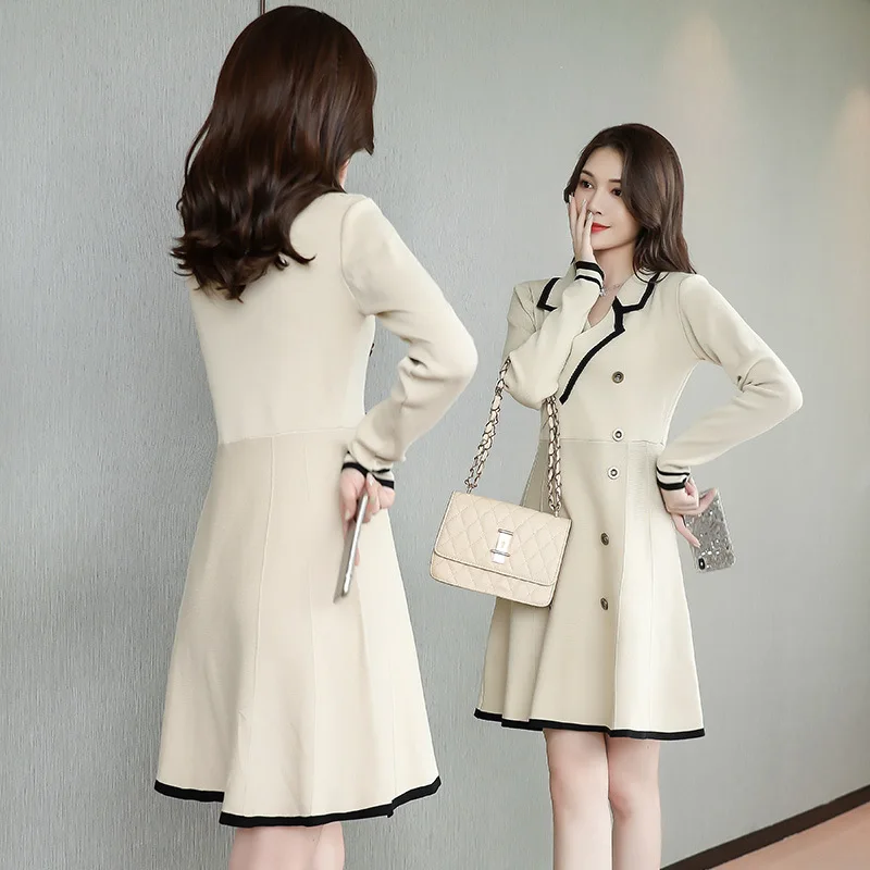 

Fold-down Collar Simple Joint Trend Elegant Pullover Versatile Buttons 2019 Autumn Dress