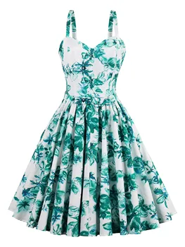 

Women Vintage Mini Dress Green Print Spaghetti Strap Sleeveless Sexy Party Summer 2020 Retro Dress Daily Leisure Travel Rural