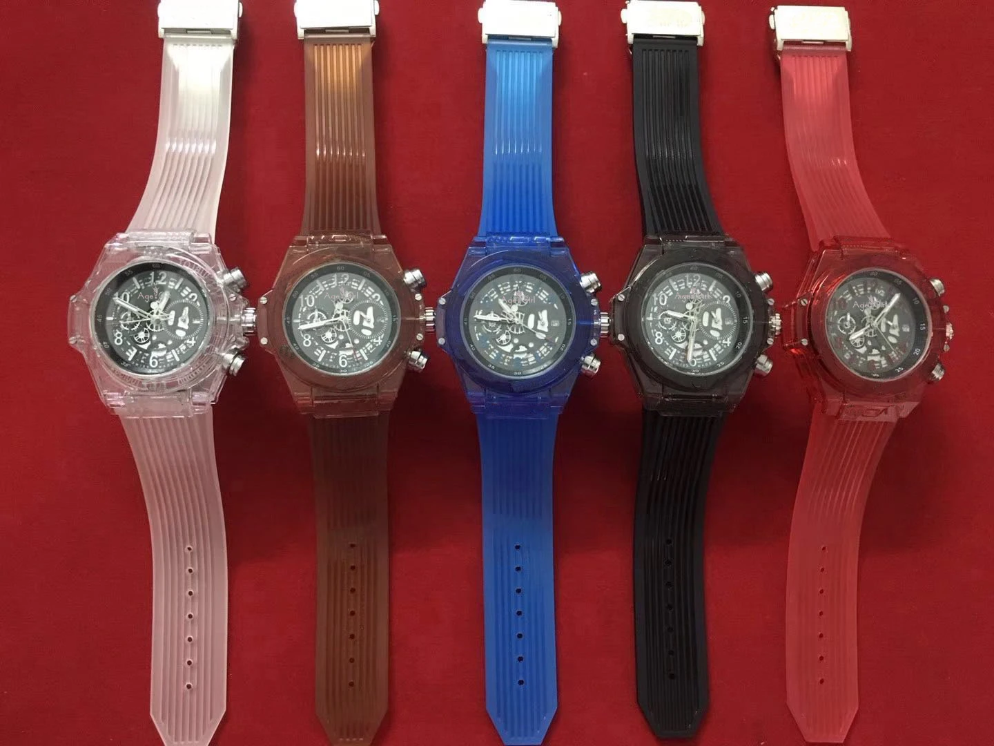 

Luxury Brand New Men StopWatch Quartz White Red Black Chronograph Watch Plastic Stainless Steel Glass Back See Through Watches