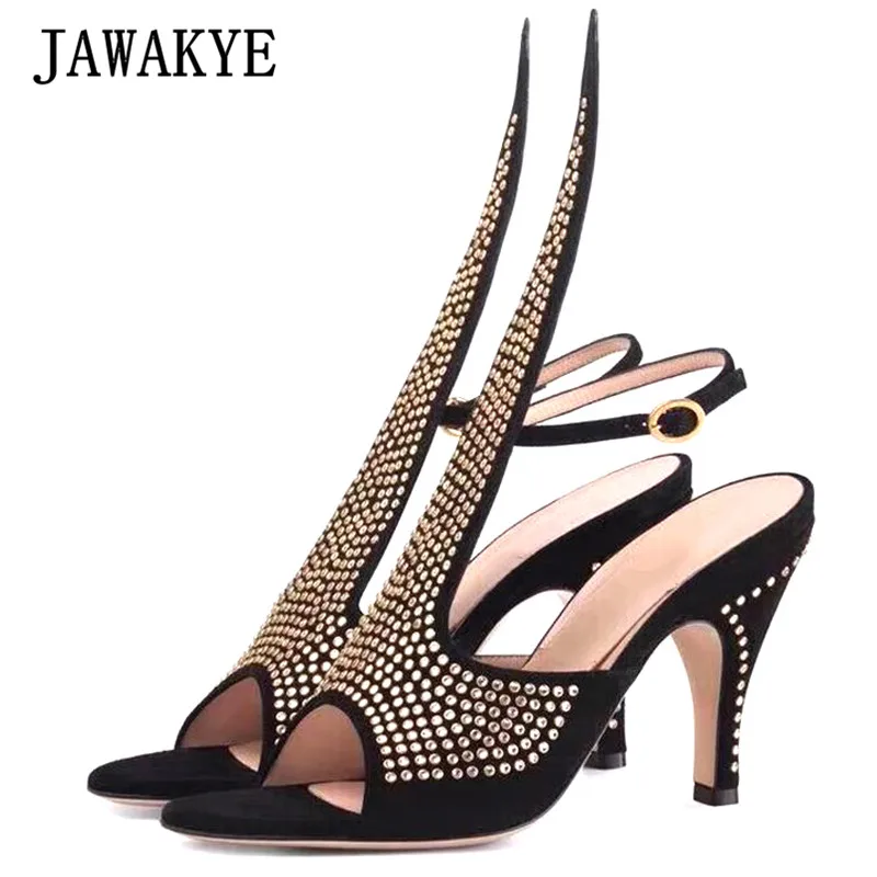 

2019 Chic Peep Toe Crystal Gladiator Sandals Woman Runway Black Suede Spike Heels Shoes Woman Ankle Strap Party Wedding Shoes