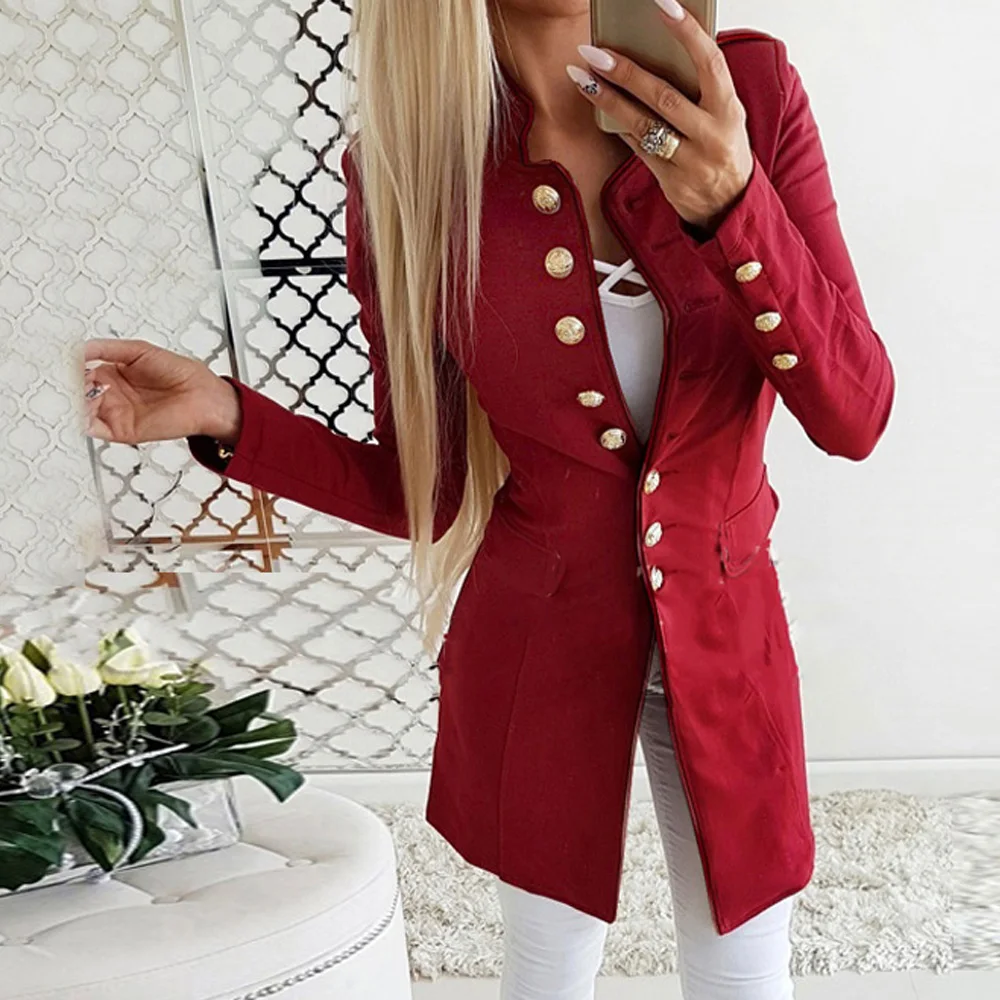 

Winter Womens Coat Jacket Elegant Blend Standing Collar Long Sleeve Single-Breasted Solid Outerwear Korean Autumn Woolen Coat