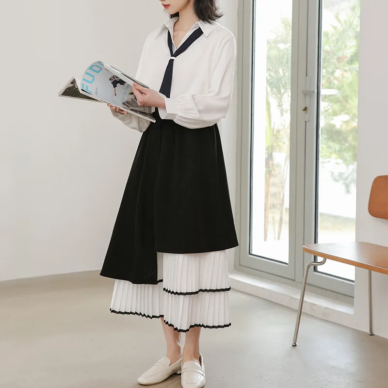 

Photo Shoot Sense of Design Non-mainstream Joint Pleated Skirt Irregular Mid-length Spring High-waisted Slimming Retro Skirt Wom