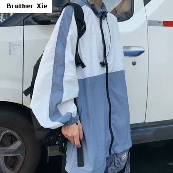 

Autumn New Thin Windbreaker Men Fashion Contrast Color Casual Long Jacket Man Streetwear Wild Hip Hop Loose Bomber Jacket