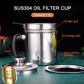 

Stainless Steel Oil Filter Pot Soup Grease Strainer 1.3L 43oz Oil Storage Pot Grease Keeper with Dust-Proof Lid Kitchen supplies