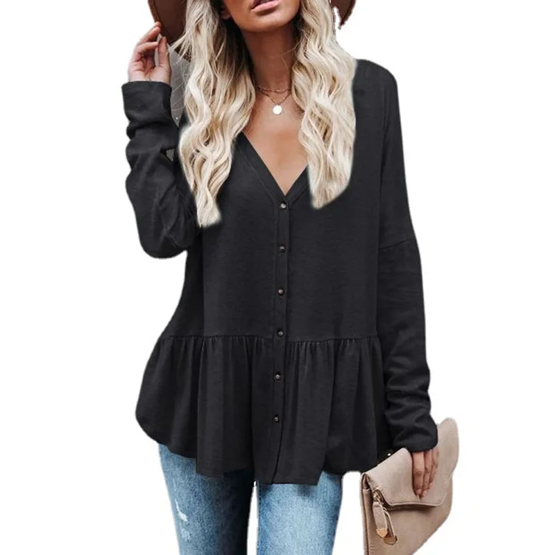 Xl Women's Coat Buttoned Cardigan Thin Coat Women's Solid Color Button Irregular Pleated Hem Long Sleeve Top Plus Size