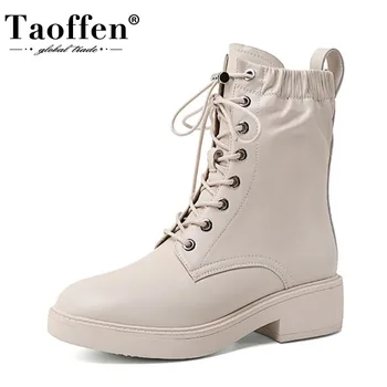

TAOFFEN Real Leather Women Ankle Boots Flats Stretch Shoes Round Toe Winter Warm Boots Fashion Women Footwear Size 34-39