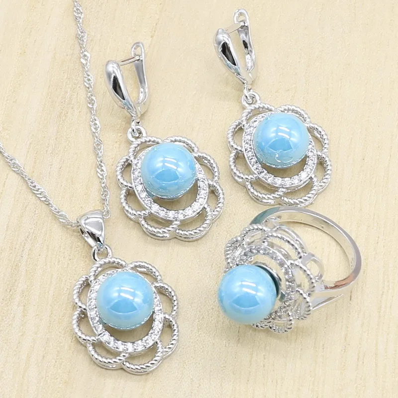 Синий жемчуг 925 серебряные свадебные комплекты украшений для женщин белые серьги с цирконием Подвеска из колец ожерелье подарок на день рождения