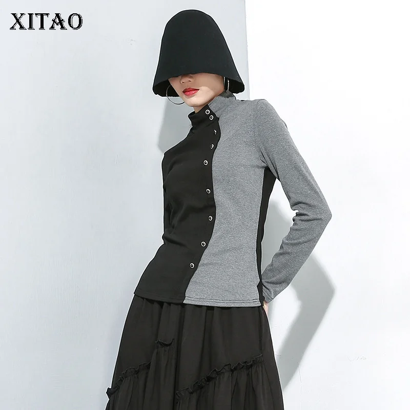 

XITAO Splice Contrast Color High Collar T Shirt Women Personality Slim Fit Tshirt Button Design Long Sleeve Pullover WLD2732