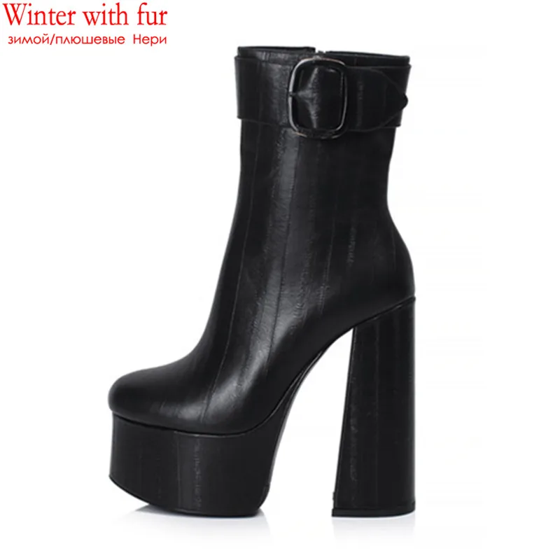 black with fur MORAZORA/ г., пикантные ботильоны модные ботинки на платформе и очень высоком каблуке Дамская обувь черные женские ботинки из натуральной кожи с пряжкой - Цвет: black with fur